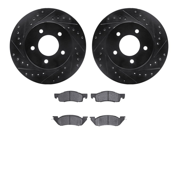 8502-40034 Drilled/Slotted Brake Rotors w/5000 Advanced Brake Pads Kit [Black], 1987-1990 Mopar, Position: Front