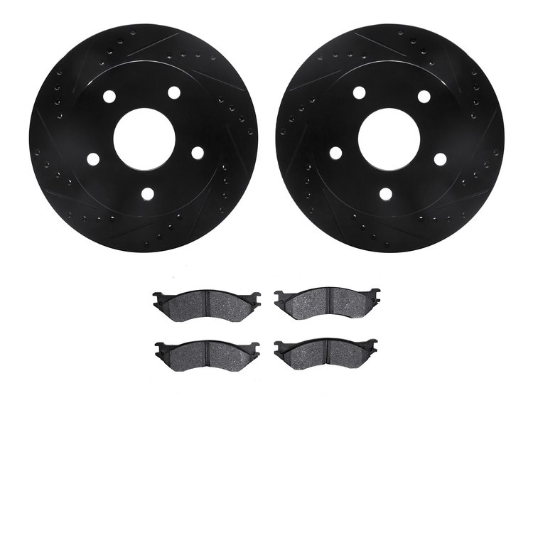 8502-40067 Drilled/Slotted Brake Rotors w/5000 Advanced Brake Pads Kit [Black], 2000-2001 Mopar, Position: Front