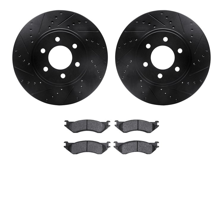 8502-40069 Drilled/Slotted Brake Rotors w/5000 Advanced Brake Pads Kit [Black], 2003-2003 Mopar, Position: Front