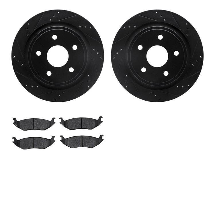 8502-40083 Drilled/Slotted Brake Rotors w/5000 Advanced Brake Pads Kit [Black], 2002-2018 Mopar, Position: Rear