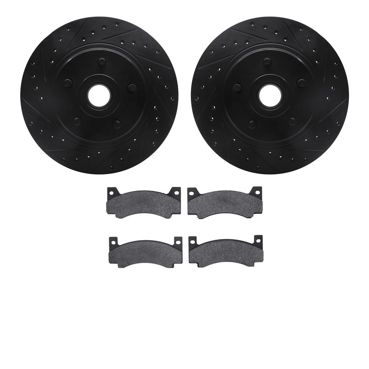 8502-40085 Drilled/Slotted Brake Rotors w/5000 Advanced Brake Pads Kit [Black], 1976-1978 Mopar, Position: Front