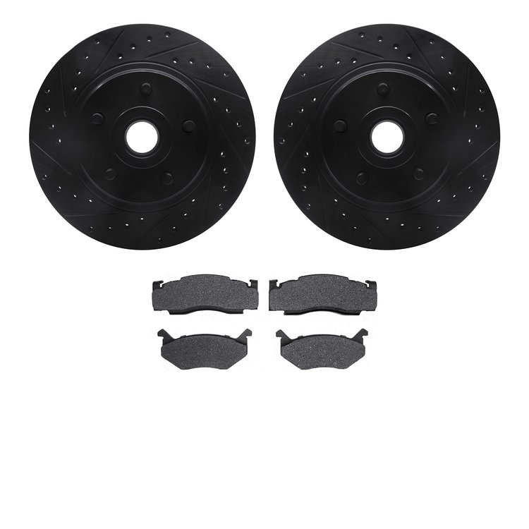 8502-40086 Drilled/Slotted Brake Rotors w/5000 Advanced Brake Pads Kit [Black], 1978-1981 Mopar, Position: Front