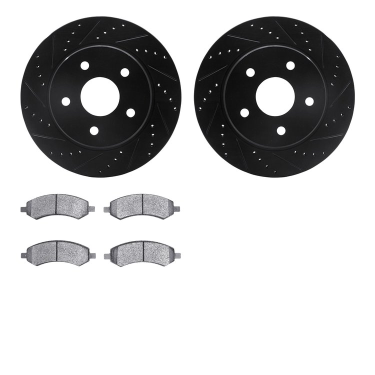 8502-40090 Drilled/Slotted Brake Rotors w/5000 Advanced Brake Pads Kit [Black], 2006-2018 Mopar, Position: Front