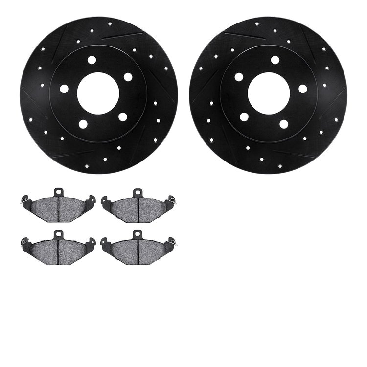 8502-40103 Drilled/Slotted Brake Rotors w/5000 Advanced Brake Pads Kit [Black], 1988-1992 Mopar, Position: Rear