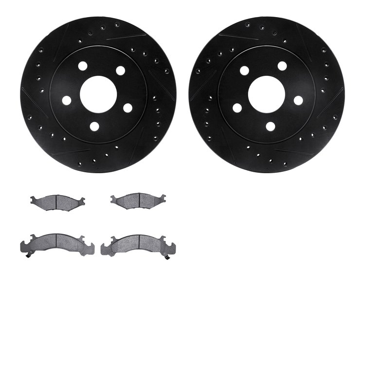8502-40112 Drilled/Slotted Brake Rotors w/5000 Advanced Brake Pads Kit [Black], 1991-1992 Mopar, Position: Front