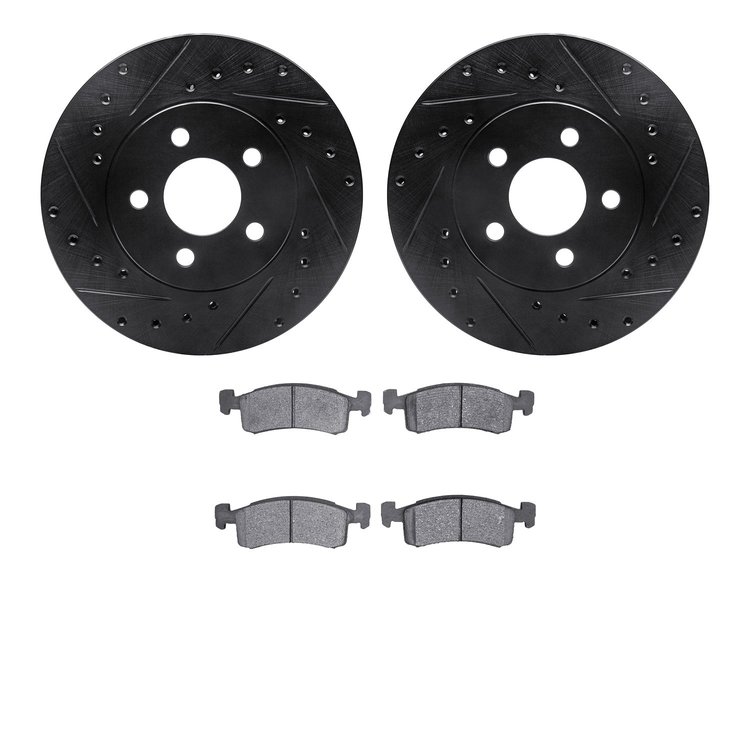 8502-40140 Drilled/Slotted Brake Rotors w/5000 Advanced Brake Pads Kit [Black], 1984-1991 Mopar, Position: Front