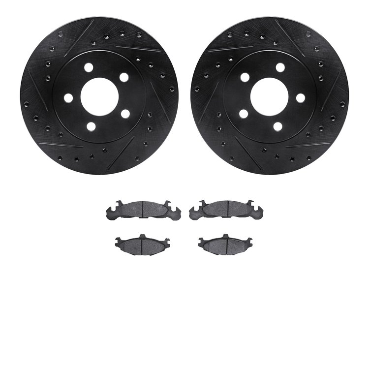 8502-40141 Drilled/Slotted Brake Rotors w/5000 Advanced Brake Pads Kit [Black], 1984-1990 Mopar, Position: Front