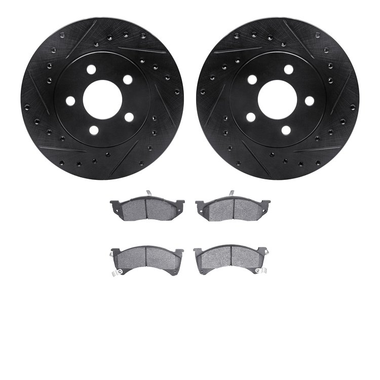 8502-40142 Drilled/Slotted Brake Rotors w/5000 Advanced Brake Pads Kit [Black], 1988-1990 Mopar, Position: Front