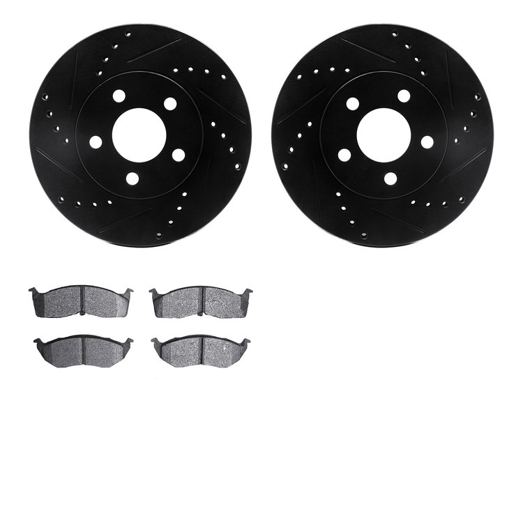8502-40163 Drilled/Slotted Brake Rotors w/5000 Advanced Brake Pads Kit [Black], 2000-2005 Mopar, Position: Front