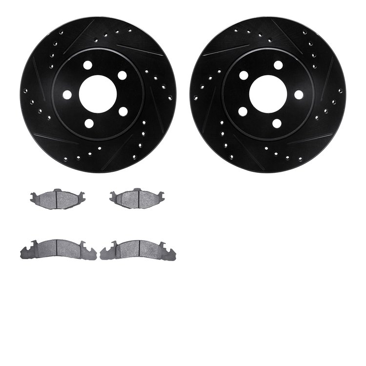8502-40197 Drilled/Slotted Brake Rotors w/5000 Advanced Brake Pads Kit [Black], 1986-1990 Mopar, Position: Front