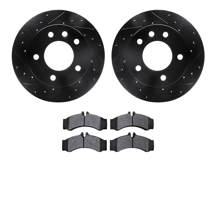 8502-40258 Drilled/Slotted Brake Rotors w/5000 Advanced Brake Pads Kit [Black], 2002-2006 Multiple Makes/Models, Position: Front