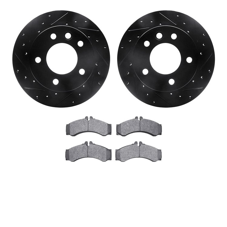 8502-40259 Drilled/Slotted Brake Rotors w/5000 Advanced Brake Pads Kit [Black], 2002-2006 Multiple Makes/Models, Position: Front