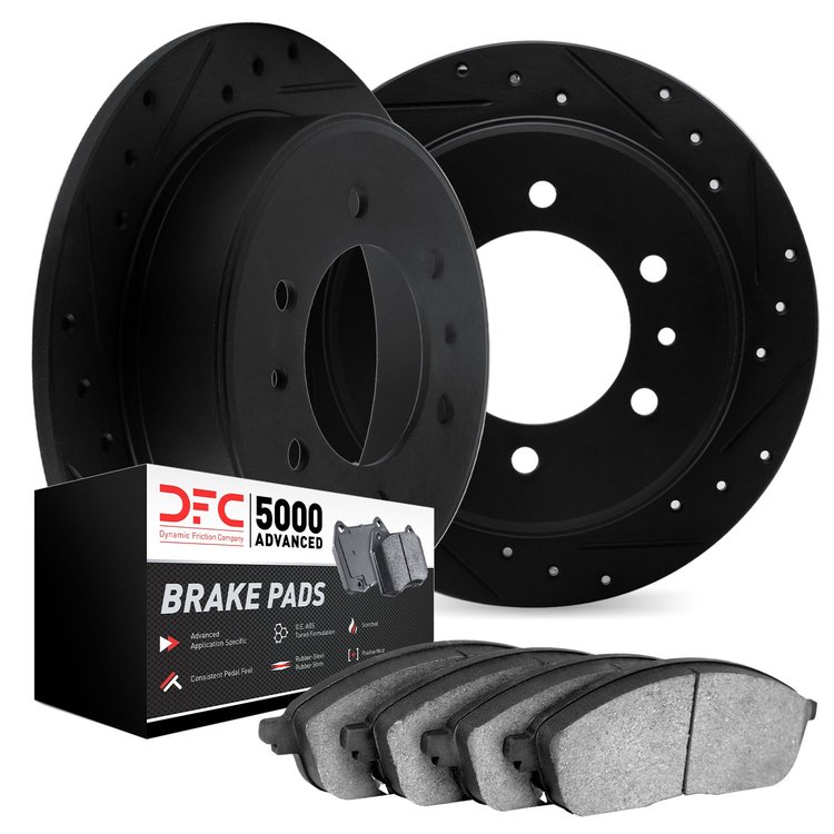 8502-40282 Drilled/Slotted Brake Rotors w/5000 Advanced Brake Pads Kit [Black], 2007-2018 Multiple Makes/Models, Position: Rear