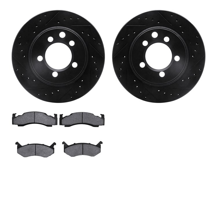 8502-40309 Drilled/Slotted Brake Rotors w/5000 Advanced Brake Pads Kit [Black], 1974-1981 Mopar, Position: Front