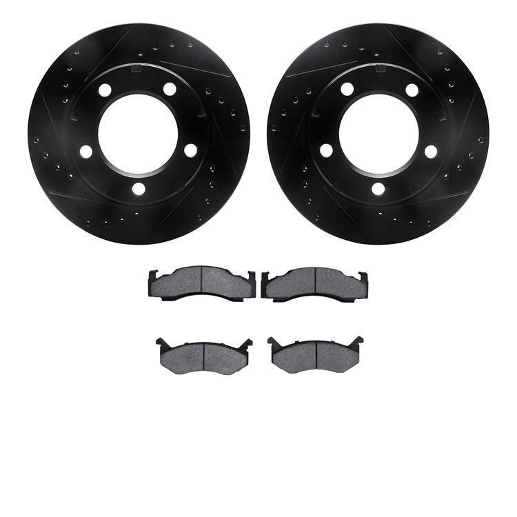 8502-40321 Drilled/Slotted Brake Rotors w/5000 Advanced Brake Pads Kit [Black], 1980-1993 Mopar, Position: Front
