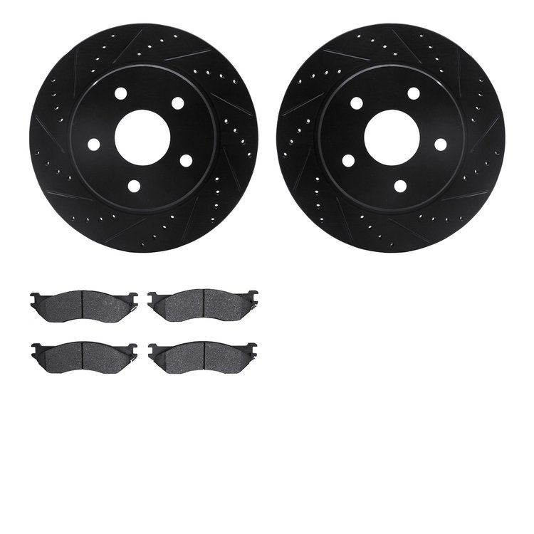 8502-40423 Drilled/Slotted Brake Rotors w/5000 Advanced Brake Pads Kit [Black], 2002-2006 Mopar, Position: Front