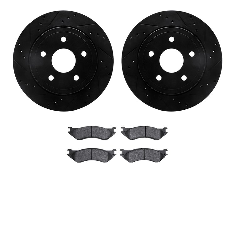 8502-40465 Drilled/Slotted Brake Rotors w/5000 Advanced Brake Pads Kit [Black], 2004-2006 Mopar, Position: Rear