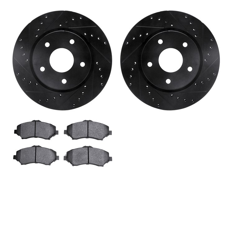 8502-40468 Drilled/Slotted Brake Rotors w/5000 Advanced Brake Pads Kit [Black], 2008-2008 Mopar, Position: Front