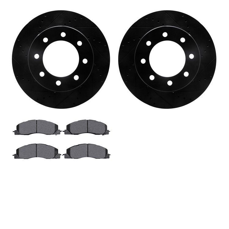 8502-40486 Drilled/Slotted Brake Rotors w/5000 Advanced Brake Pads Kit [Black], 2009-2018 Mopar, Position: Front
