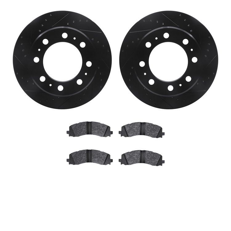 8502-40517 Drilled/Slotted Brake Rotors w/5000 Advanced Brake Pads Kit [Black], Fits Select Mopar, Position: Rear