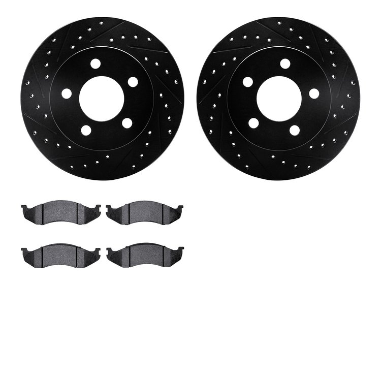 8502-42006 Drilled/Slotted Brake Rotors w/5000 Advanced Brake Pads Kit [Black], 1993-1999 Mopar, Position: Front