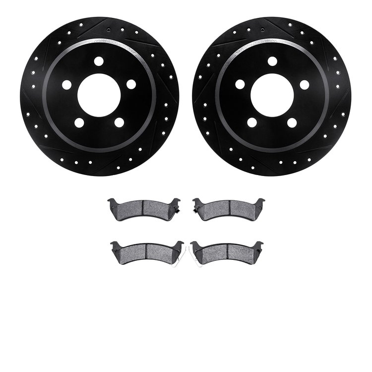 8502-42007 Drilled/Slotted Brake Rotors w/5000 Advanced Brake Pads Kit [Black], 1995-1998 Mopar, Position: Rear