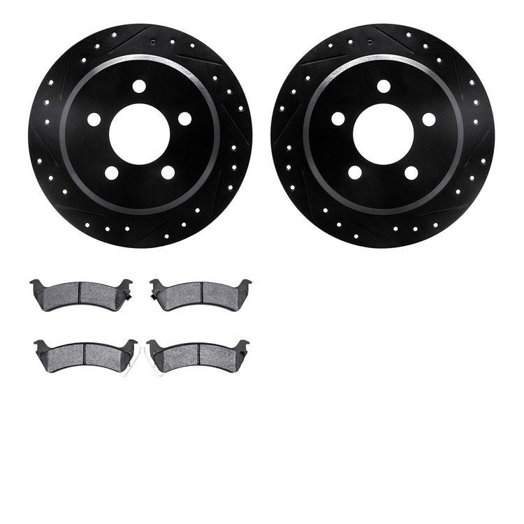 8502-42017 Drilled/Slotted Brake Rotors w/5000 Advanced Brake Pads Kit [Black], 1993-1994 Mopar, Position: Rear