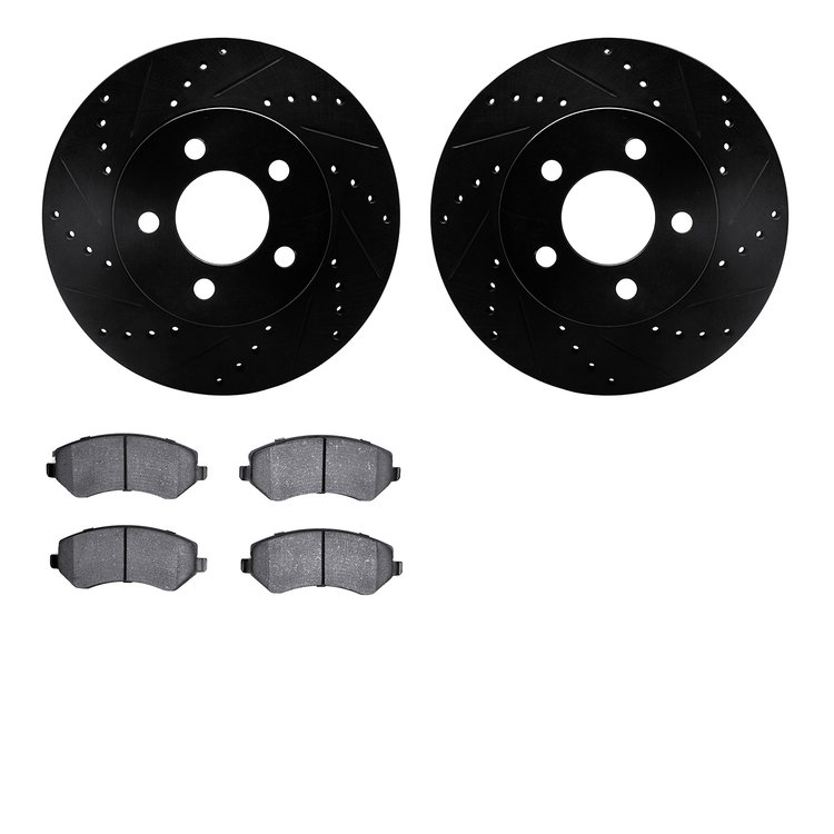 8502-42021 Drilled/Slotted Brake Rotors w/5000 Advanced Brake Pads Kit [Black], 2002-2007 Mopar, Position: Front