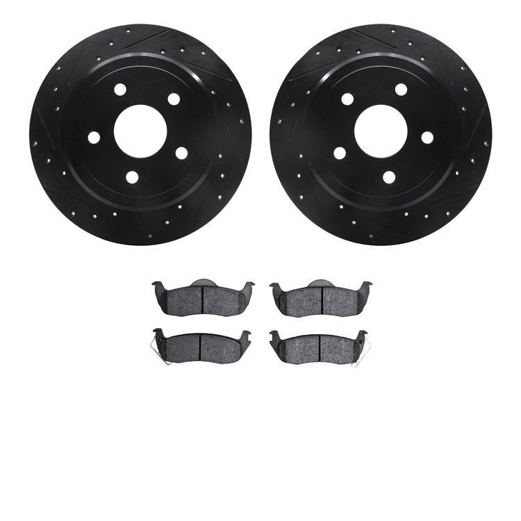 8502-42028 Drilled/Slotted Brake Rotors w/5000 Advanced Brake Pads Kit [Black], 2005-2010 Mopar, Position: Rear