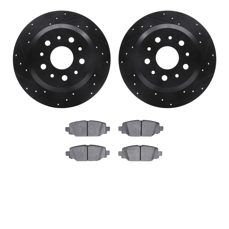 8502-42036 Drilled/Slotted Brake Rotors w/5000 Advanced Brake Pads Kit [Black], Fits Select Mopar, Position: Rear