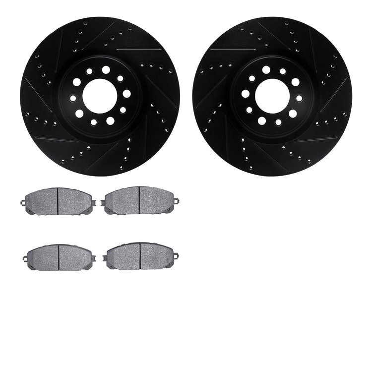 8502-42048 Drilled/Slotted Brake Rotors w/5000 Advanced Brake Pads Kit [Black], 2015-2021 Mopar, Position: Front