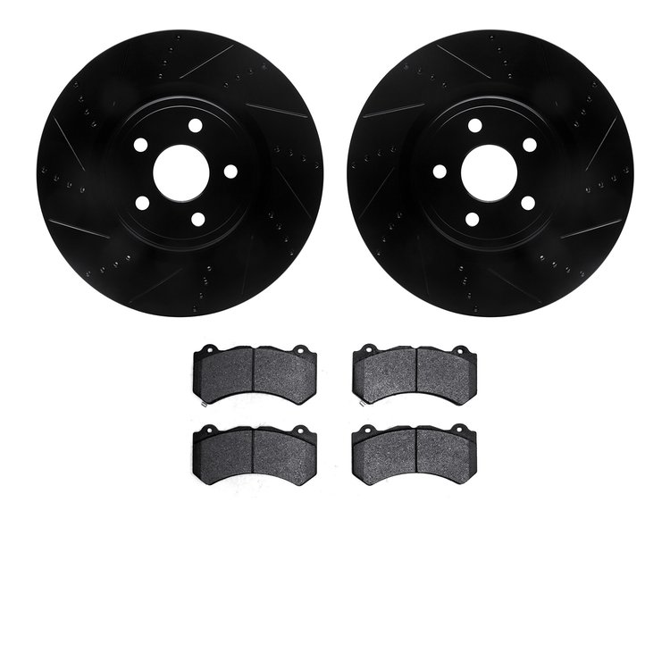 8502-42094 Drilled/Slotted Brake Rotors w/5000 Advanced Brake Pads Kit [Black], Fits Select Mopar, Position: Front