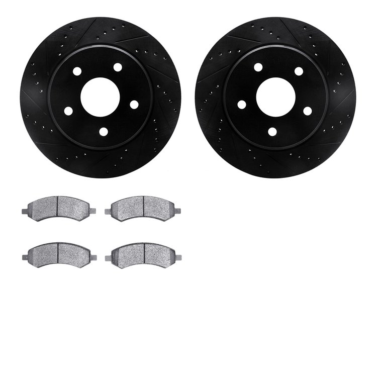 8502-42099 Drilled/Slotted Brake Rotors w/5000 Advanced Brake Pads Kit [Black], 2008-2012 Mopar, Position: Front