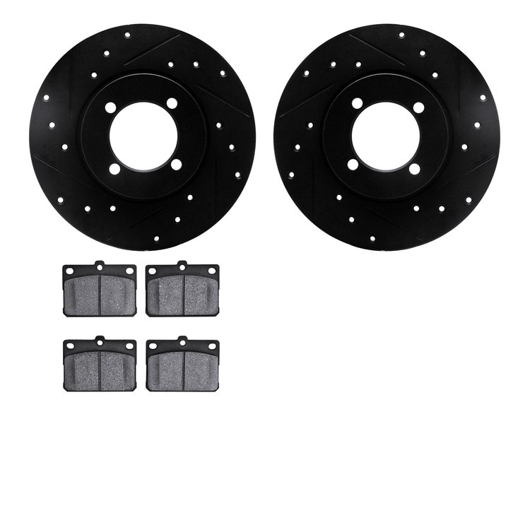 8502-43001 Drilled/Slotted Brake Rotors w/5000 Advanced Brake Pads Kit [Black], 1974-1987 Multiple Makes/Models, Position: Front