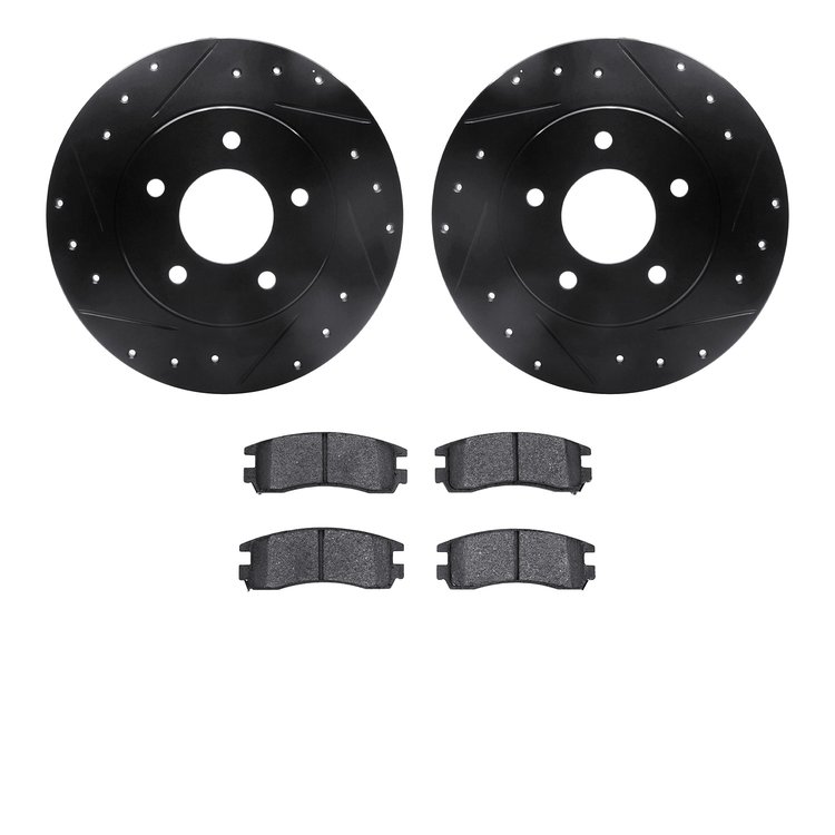 8502-45000 Drilled/Slotted Brake Rotors w/5000 Advanced Brake Pads Kit [Black], 1994-1997 GM, Position: Rear