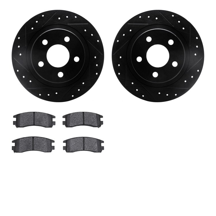 8502-45001 Drilled/Slotted Brake Rotors w/5000 Advanced Brake Pads Kit [Black], 2000-2005 GM, Position: Rear