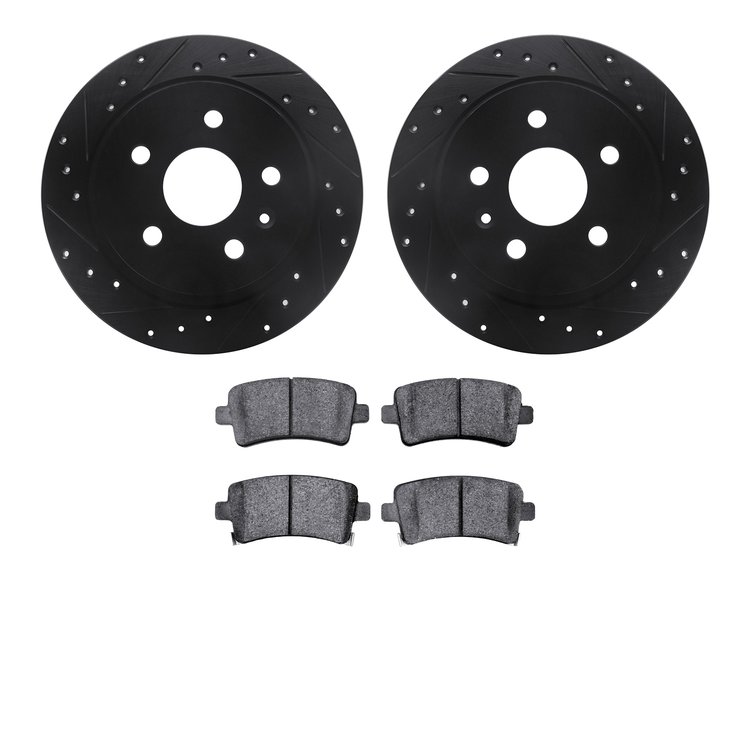 8502-45008 Drilled/Slotted Brake Rotors w/5000 Advanced Brake Pads Kit [Black], 2011-2011 GM, Position: Rear