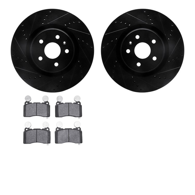 8502-45014 Drilled/Slotted Brake Rotors w/5000 Advanced Brake Pads Kit [Black], 2010-2015 GM, Position: Front
