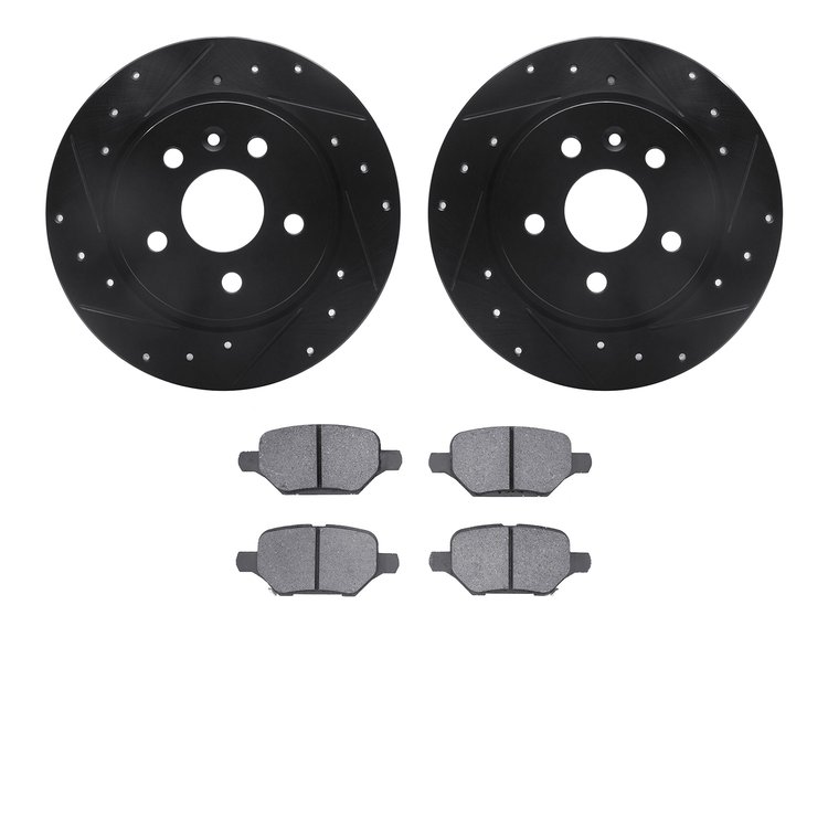 8502-45016 Drilled/Slotted Brake Rotors w/5000 Advanced Brake Pads Kit [Black], Fits Select GM, Position: Rear