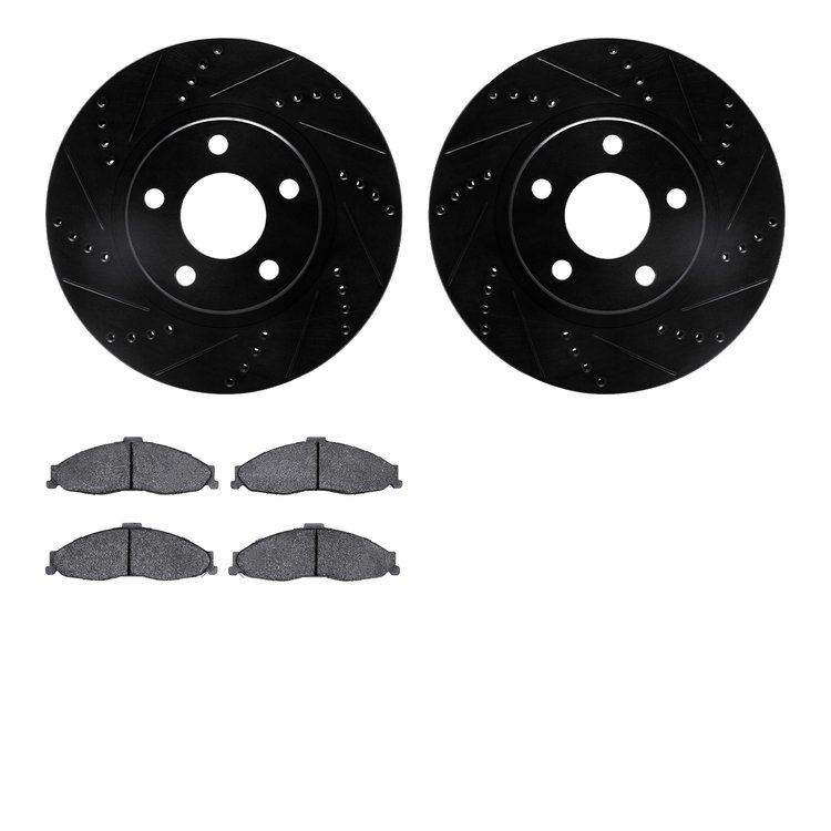 8502-45034 Drilled/Slotted Brake Rotors w/5000 Advanced Brake Pads Kit [Black], 1998-2002 GM, Position: Front