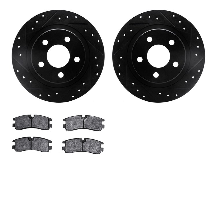 8502-45043 Drilled/Slotted Brake Rotors w/5000 Advanced Brake Pads Kit [Black], 1998-2003 GM, Position: Rear
