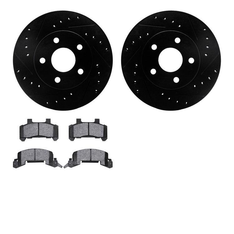 8502-45050 Drilled/Slotted Brake Rotors w/5000 Advanced Brake Pads Kit [Black], 1980-1989 GM, Position: Front