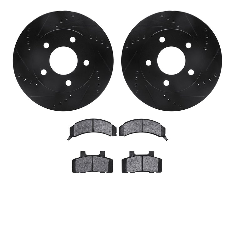 8502-45053 Drilled/Slotted Brake Rotors w/5000 Advanced Brake Pads Kit [Black], 1983-1996 GM, Position: Front