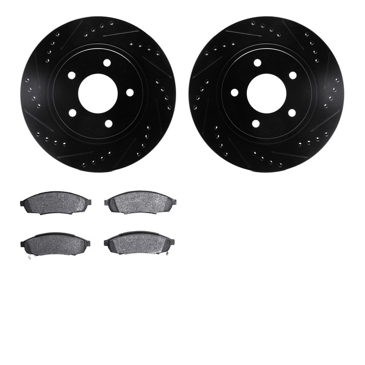8502-45071 Drilled/Slotted Brake Rotors w/5000 Advanced Brake Pads Kit [Black], 1994-2001 GM, Position: Front