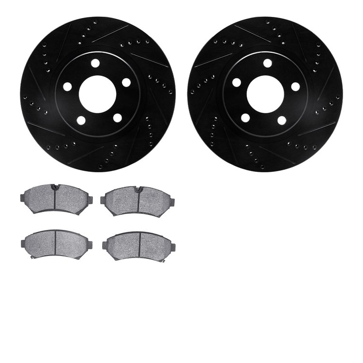 8502-45074 Drilled/Slotted Brake Rotors w/5000 Advanced Brake Pads Kit [Black], 1998-2002 GM, Position: Front