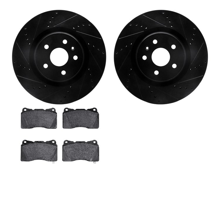 8502-45126 Drilled/Slotted Brake Rotors w/5000 Advanced Brake Pads Kit [Black], 2012-2013 GM, Position: Front