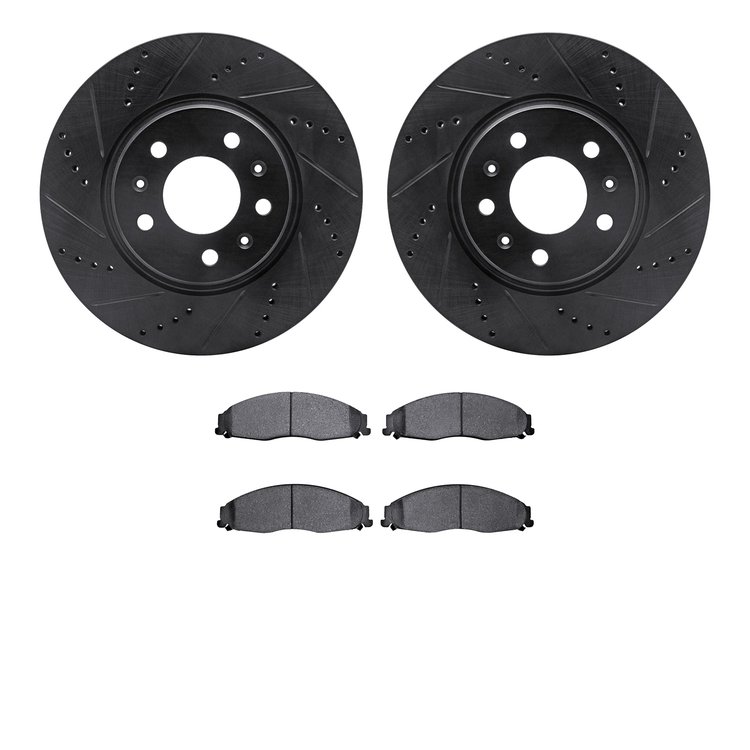 8502-46006 Drilled/Slotted Brake Rotors w/5000 Advanced Brake Pads Kit [Black], 2005-2008 GM, Position: Front