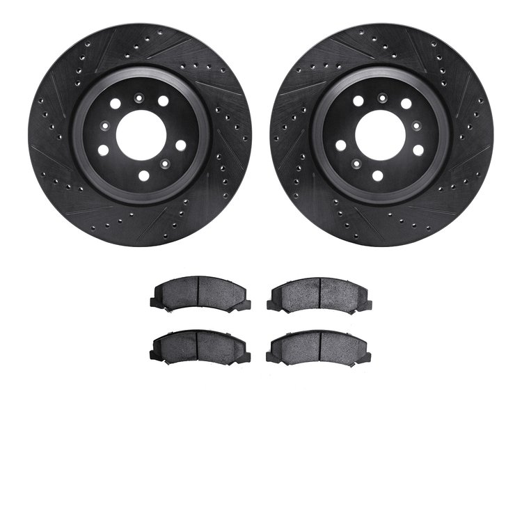 8502-46013 Drilled/Slotted Brake Rotors w/5000 Advanced Brake Pads Kit [Black], 2006-2011 GM, Position: Front