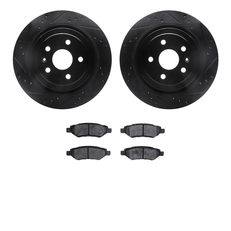 8502-46020 Drilled/Slotted Brake Rotors w/5000 Advanced Brake Pads Kit [Black], 2008-2014 GM, Position: Rear