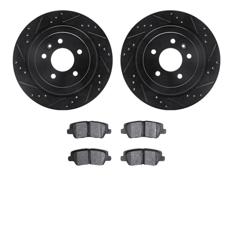 8502-46025 Drilled/Slotted Brake Rotors w/5000 Advanced Brake Pads Kit [Black], 2013-2015 GM, Position: Rear